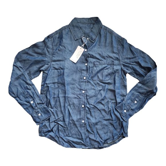 Women's Dark Blue Button Up Cotton Long Sleeve Lightweight Denim Shirt Size M - Picture 4 of 9